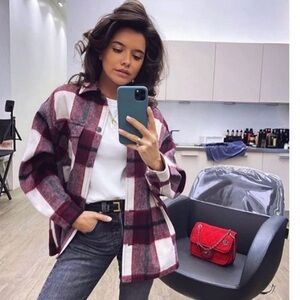 New Zara $69 Wool Blend Maroon Plaid Overshirt Shacket Small 2007/145